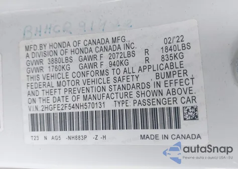 2022 Honda Civic Sport z USA, uszkodzony, nr VIN 2HGFE2F54NH570131